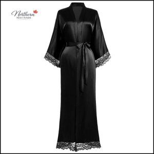 Satin Kimono Robe with Lace Trim, Long Bridesmaid Wedding Bath Robe